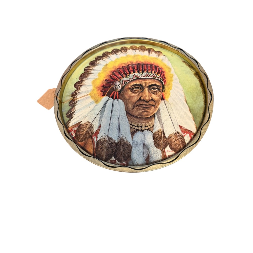 Vintage Native American Chief Portrait Round Metal Tin Tray Scalloped Rim Decor